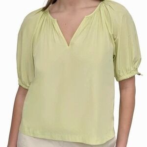 DKNY Drawcord Puff Sleeve Tea Green Split Neck Top Shirt Womens Size L NWT